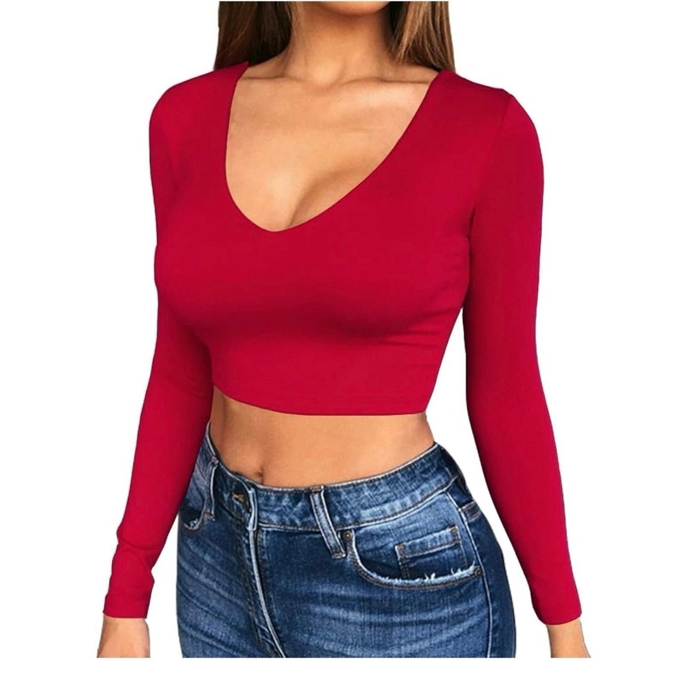 Red Long Sleeve V-Neck Crop Top Slim Fit Stretchy Small